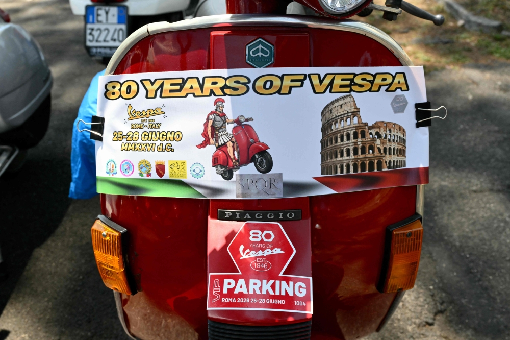 A Vespa is parked at the Vespa Village in Rome on June 25, 2026. — AFP pic