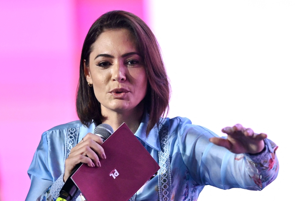 Former Brazilian First Lady Michelle Bolsonaro speaks during the National Meeting of Women Liberal Party Mandates in Brasilia June 6, 2025. — AFP pic