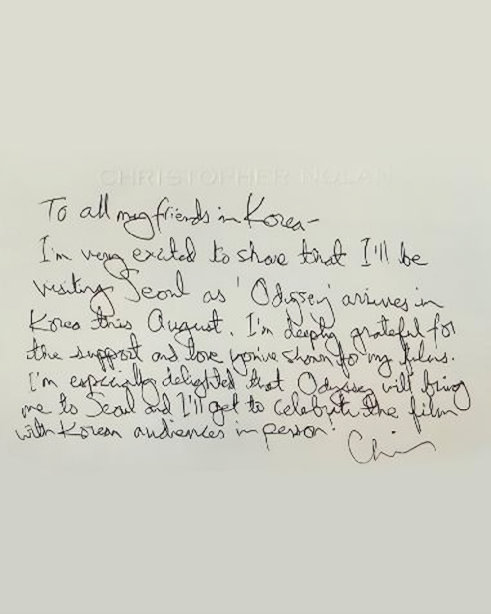 A handwritten note from Christopher Nolan ahead of his first-ever promotional tour in Korea for ‘The Odyssey.’ — Picture of Universal Pictures 