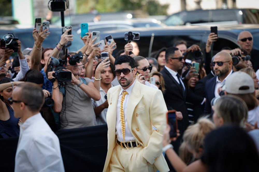 Puerto Rican singer Bad Bunny arrives for the Schiaparelli Women Haute Couture Fall/Winter 2026-2027 collection as part of the Paris Fashion Week, in Paris July 6, 2026. — AFP pic