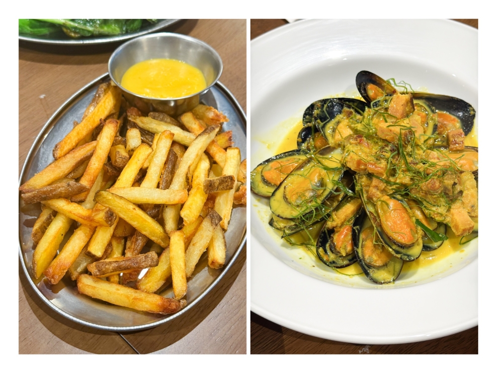 House-Made Fries (left) are addictive, especially with their lacto-fermented jackfruit. Mussels Salai Masak Lemak (right) is one of the seafood items on the menu. — Pictures by Lee Khang Yi