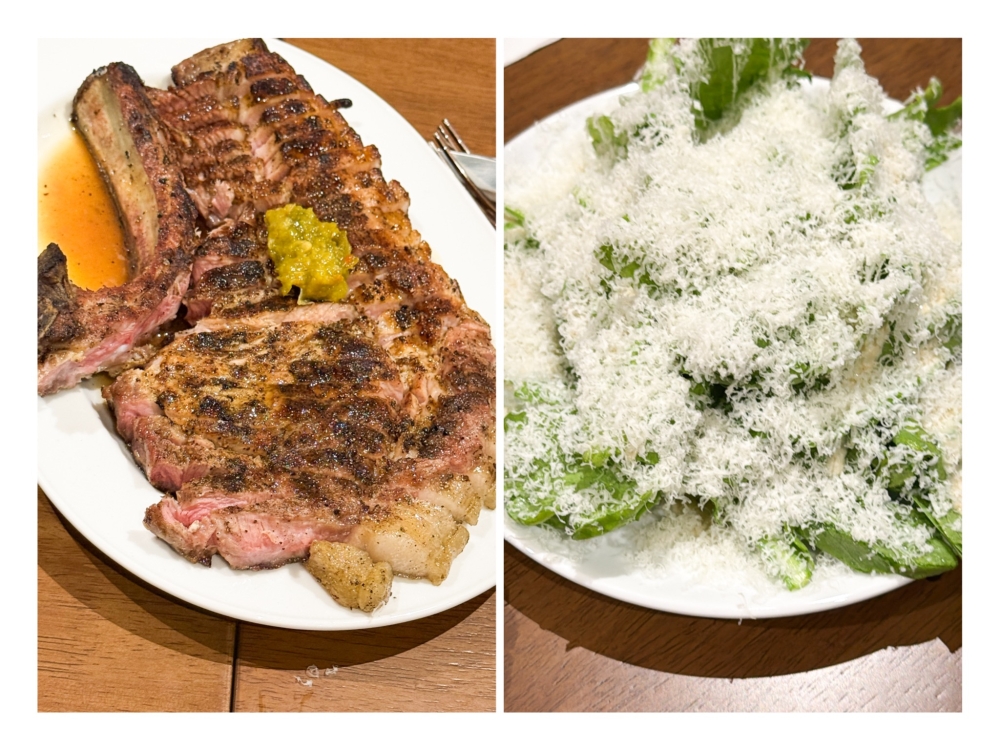 Dry-Aged Pork Chop (left) leaves a juicy, tender impression with the house-made calamansi kosho. Chrysanthemum Leaf Salad (right) uses 'tong ho' rather than the typical Romaine lettuce. — Pictures by Lee Khang Yi