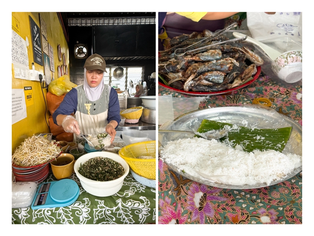  Laksa is prepped on the side of the stall where the noodles are served with the broth and vegetables (left).  Pulut Gaul Nyior is packed in boxes for a quicker takeaway (right). — Pictures by Lee Khang Yi