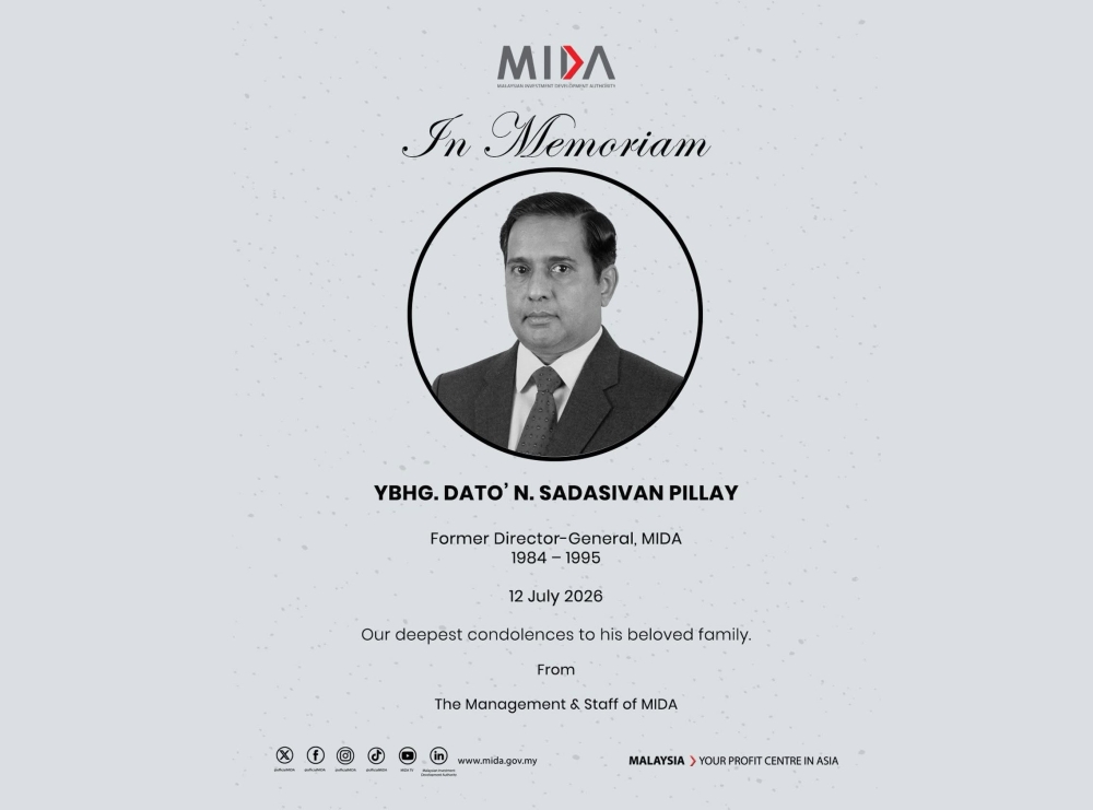 Mida shares tribute to former director‑general Datuk N. Sadasivan Pillay. — Picture via Facebook/Malaysian Investment Development Authority-MIDA