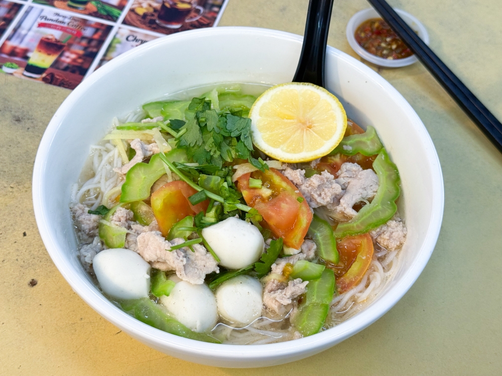 Bittergourd Pork Noodles is a wholesome version with good-for-you bittergourd, fresh sliced pork and fish balls. — Picture by Lee Khang Yi