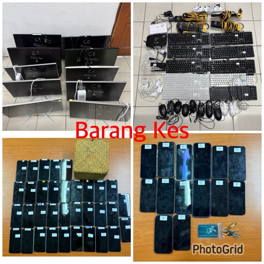 Electronic devices allegedly used in a suspected online scam operation are displayed after Perak police arrested 18 Chinese nationals in two raids around Ipoh. — Picture courtesy of Perak Police