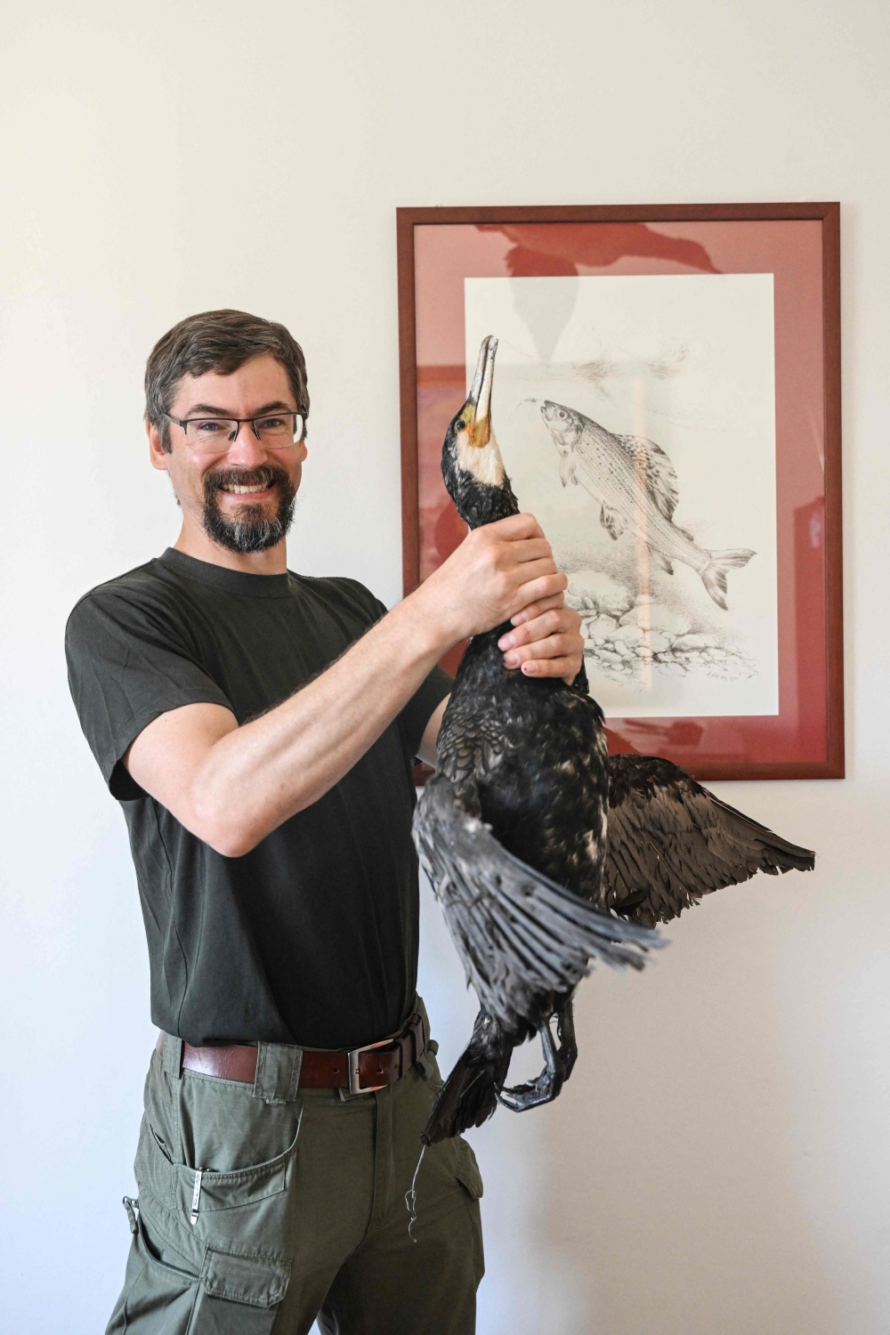 Pavel Vrana, ichthyologist at the Czech Fishing Union, poses with a taxidermy cormorant bird on July 13, 2026 in Prague. — AFP pic