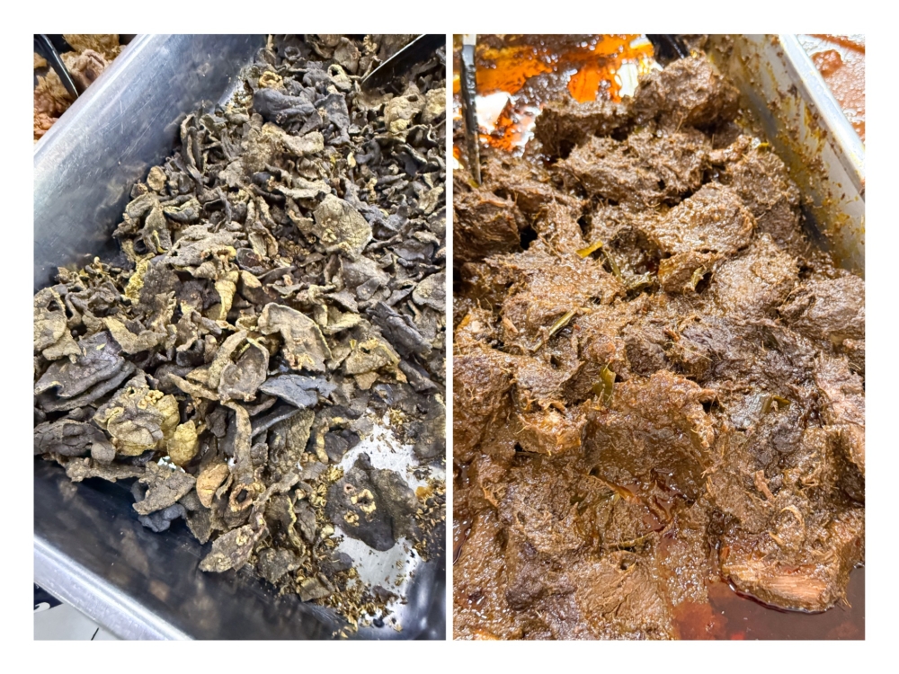 Black crisps of deep fried cow’s lungs (left). ‘Rendang daging’ (right) is slow cooked to a semi-tender texture with a rich coconut gravy. — Pictures by Lee Khang Yi