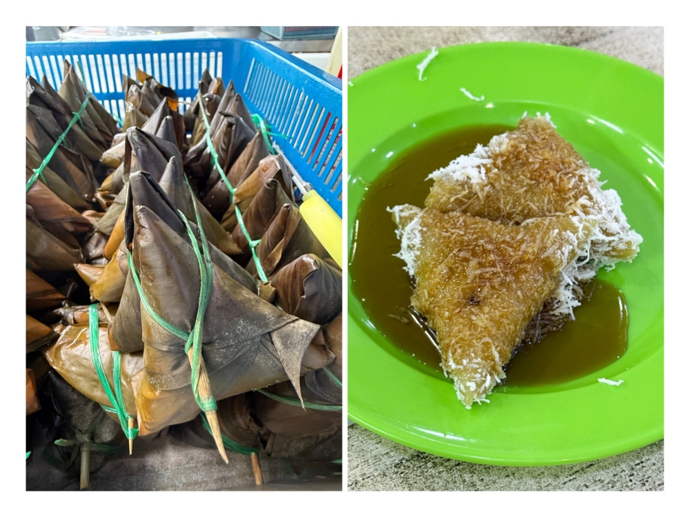 Triangular shaped ‘kuih lopes’ are wrapped in banana leaf and boiled (left). The glutinous rice (right) has a slight chewy texture, thanks to a light alkaline water bath. — Pictures by Lee Khang Yi