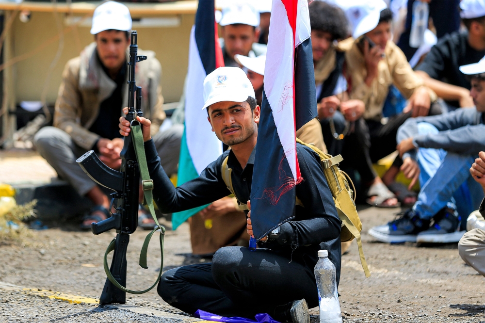 University students gather for a demonstration to show their support for the Houthi movement amid escalating tensions with Saudi Arabia, at the Sanaa University campus in Yemen's Houthi-held capital Sanaa on July 22, 2026. — AFP pic