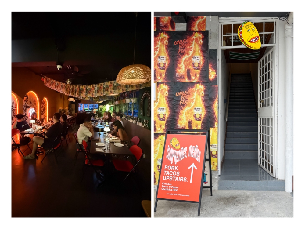 With only 20 seats upstairs, it’s a chill vibe where you can better understand Mexican food and drinks (left). Look for this sign to walk upstairs (right) to explore a world of Mexican tacos. — Pictures by Lee Khang Yi