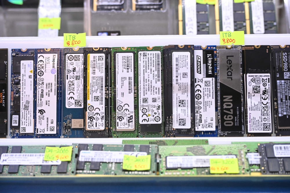 RAM (Random Access Memory) chips and NVRAM (Non-Volatile Random Access Memory) chips are seen for sale in a computer centre in Hong Kong on July 28, 2026. — AFP pic