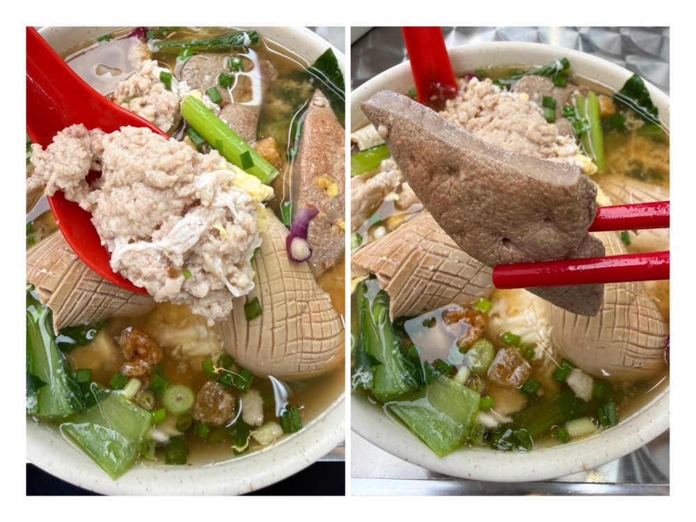 Minced pork shaped into a patty has a fluffy texture (left). Liver is cut thick, making it a delightful bite (right) — Pictures by Lee Khang Yi