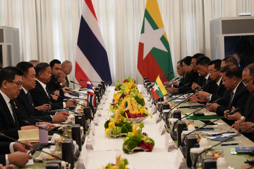 Thailand’s Prime Minister Anutin Charnvirakul speaks during a bilateral meeting with Myanmar’s President Min Aung Hlaing at Government House in Bangkok on August 6, 2026. — AFP pic