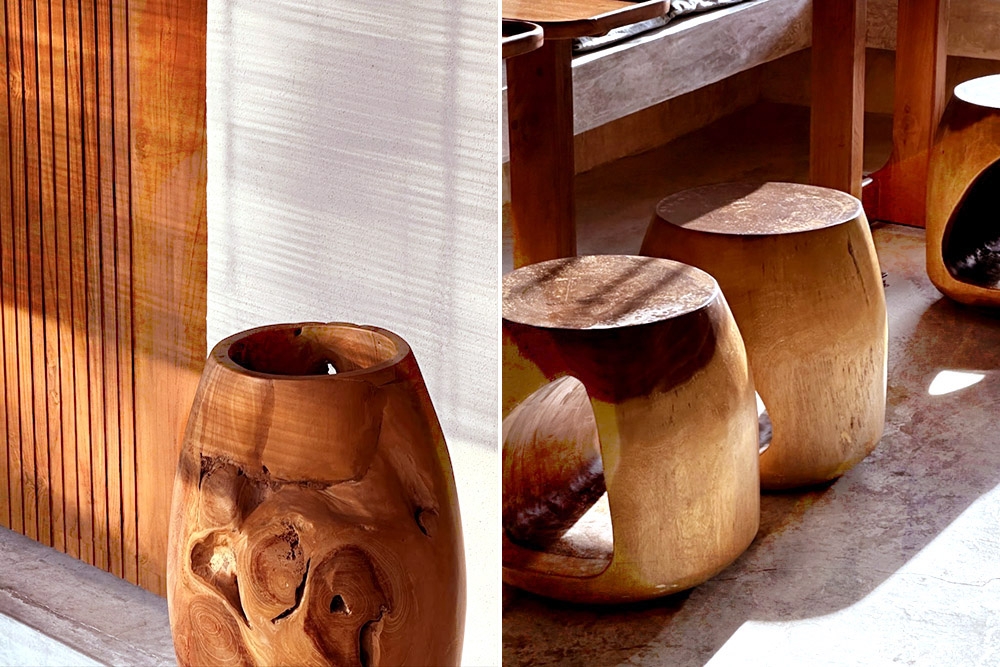 The décor features plenty of warm earth tones thanks to wood furnishing.
