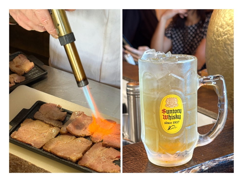 The sliced meat is blow-torched (left) for extra char. Cheers to life with a refreshing Yuzu Whisky Highball (right) to cool down. — Picture by Lee Khang Yi