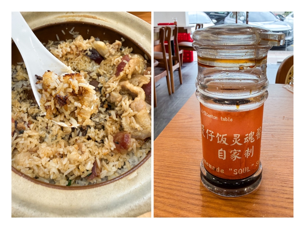 Crust can also be found at the bottom of the claypot (left). Their Soul Sauce (right) infuses every pot with its secret combination of sauces to give it flavour. — Picture by Lee Khang Yi