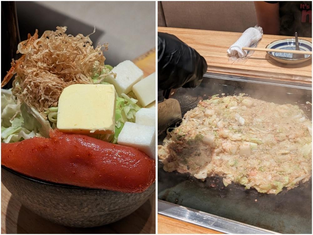 ‘Monjayaki’ when it arrives at the table (left). ‘Monjayaki’ once the ingredients are mixed up and cooked on the ‘teppan’ (right).— Picture by Ethan Lau