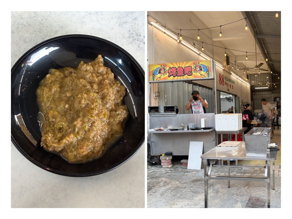 The killer spicy 'sambal' (left) will leave you with a fiery aftertaste, but you can't stop eating it. The stall (right) is the only one operating at night in the coffeeshop found along the main road in Seri Setia. 