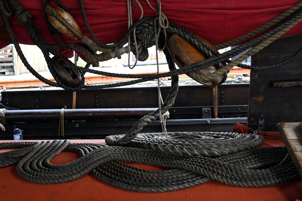 Ropes and sails of the Draken Harald Harfagre, the ship used in the movie “The Odyssey”, are pictured as it is docked outside the Oslo Opera House in the Norwegian capital on August 14, 2026. — AFP pic