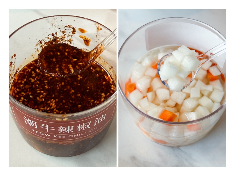 Enhance your beef noodles with their chili oil (left) cooked in beef fat. Refresh the palate with the pickled radish (right). — Pictures by Lee Khang Yi
