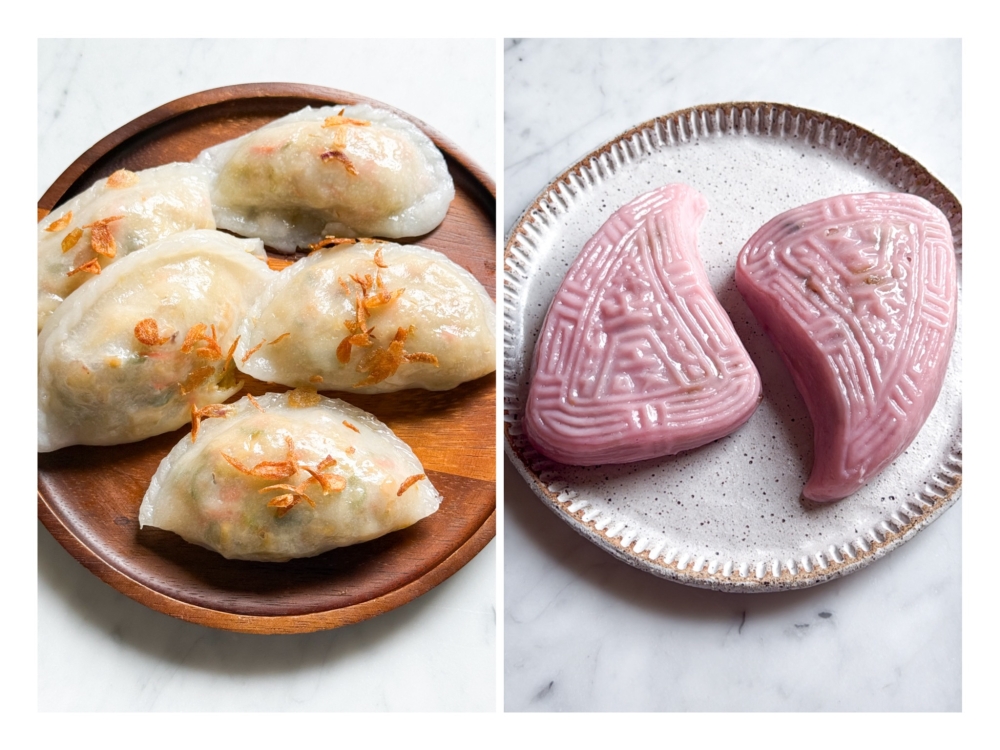 Homemade Cai Kueh (left) is abundantly stuffed with finely chopped shrimps, cabbage, carrot, dried beancurd, long beans and yam bean. Peach-shaped Glutinous Rice Kueh (right) is stuffed with an aromatic filling of glutinous rice, dried shrimps, shiitake mushroom, celery and beancurd. 