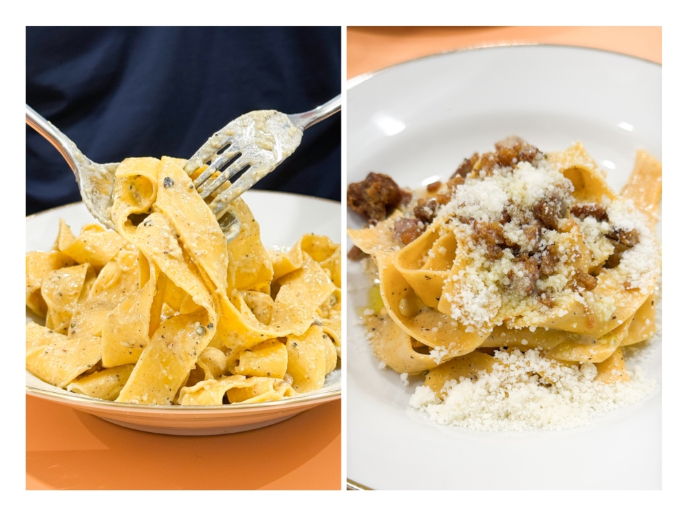 Broad pappardelle (left) coated with the sauce is the highlight of the Duck Crackling Carbonara (right) with its crunchy croutons of duck fat. — Pictures by Lee Khang Yi 