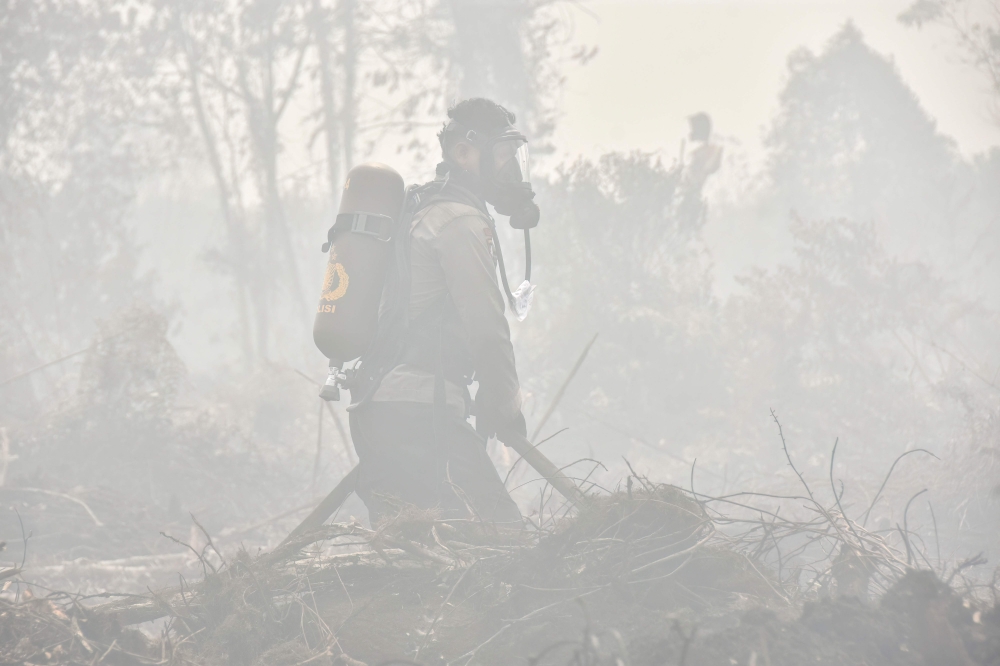 Police in firefighting gear extinguish a peatland fire at Tambang in Kampar, Riau province, on August 25, 2026. — AFP pic