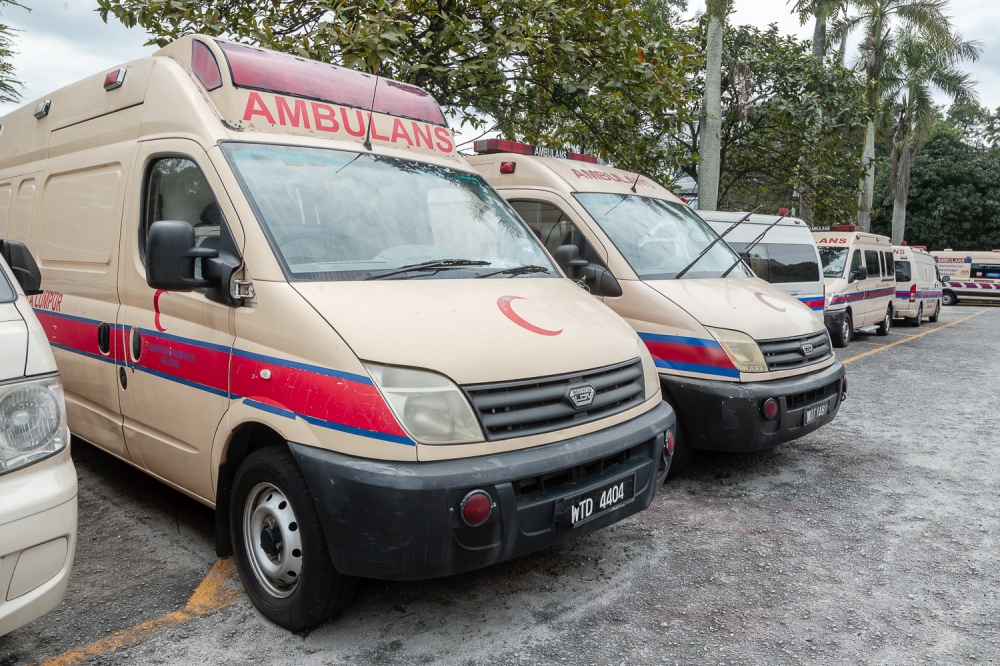 A file picture of ambulances parked at Hospital Kuala Lumpur on January 22, 2025. — Picture by Raymond Manuel
