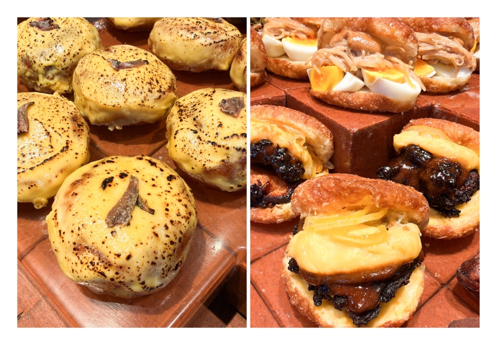 Savoury donuts are available in their other outlets like this Anchovy Cream one in Seoul (left). Glazed donuts are also made into sandwiches with various fillings (right). — Picture by Lee Khang Yi