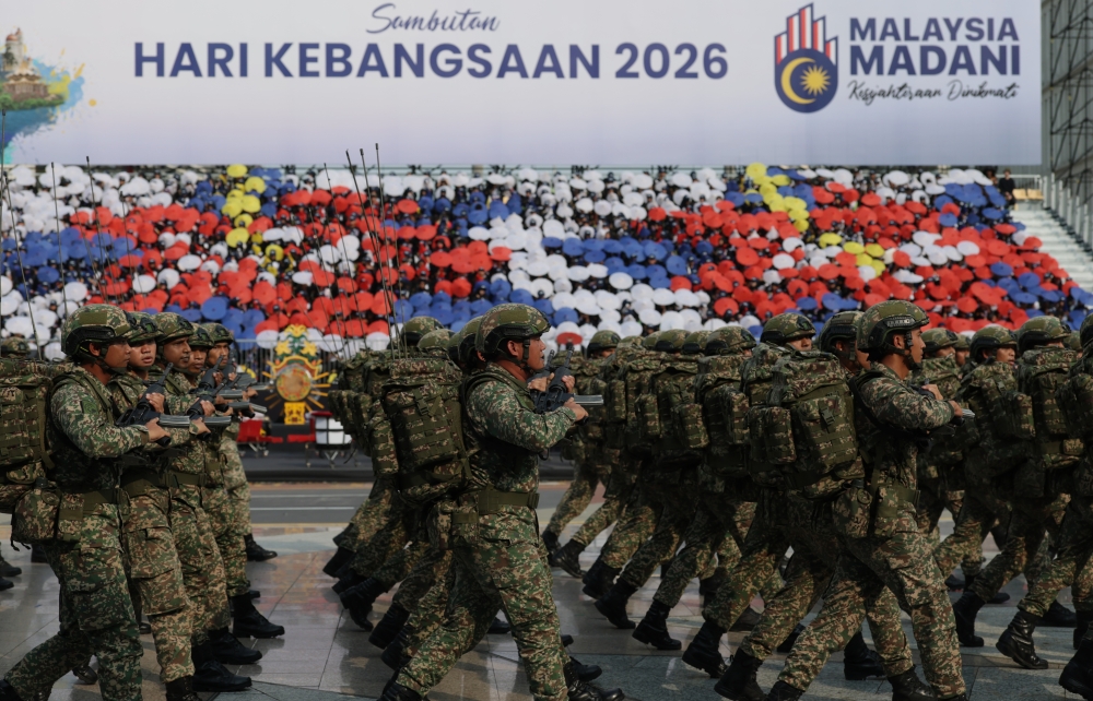 Members of the Malaysian Armed Forces (ATM) contingent march during the rehearsal for the National Day 2026 celebration at Dataran Putrajaya in Putrajaya on August 28, 2026. — Bernama pic