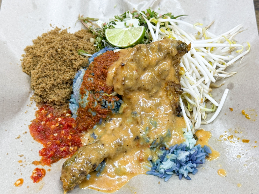 Nasi Kerabu Ayam Percik involves various ingredients mixed together with the blue coloured rice eaten with your choice of protein. — Picture by Lee Khang Yi