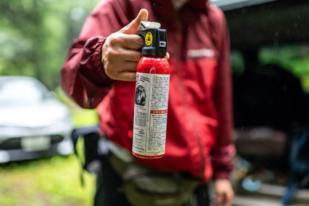 Wild bear expert Akiko Takii shows a can of bear spray that she carries for safety while entering forests in Ina, Nagano Prefecture on July 6, 2026. The process of trapping, tagging and releasing the animals is part of a pioneering management plan launched in 1995, as authorities realised the bear population was shrinking in the mountainous region in the centre of Japan's Honshu island. And it is becoming part of a model of coexistence in the region that some experts believe is an alternative to the dominant practice of culling the animals in an effort to prevent attacks. — AFP pic