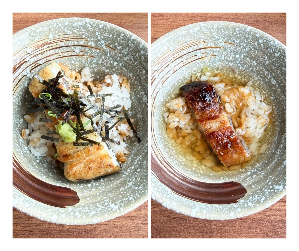 Enjoy the 'unagi' with rice two ways: one topped with condiments (left) and another with a clear soup (right) to create an 'ochazuke'. 