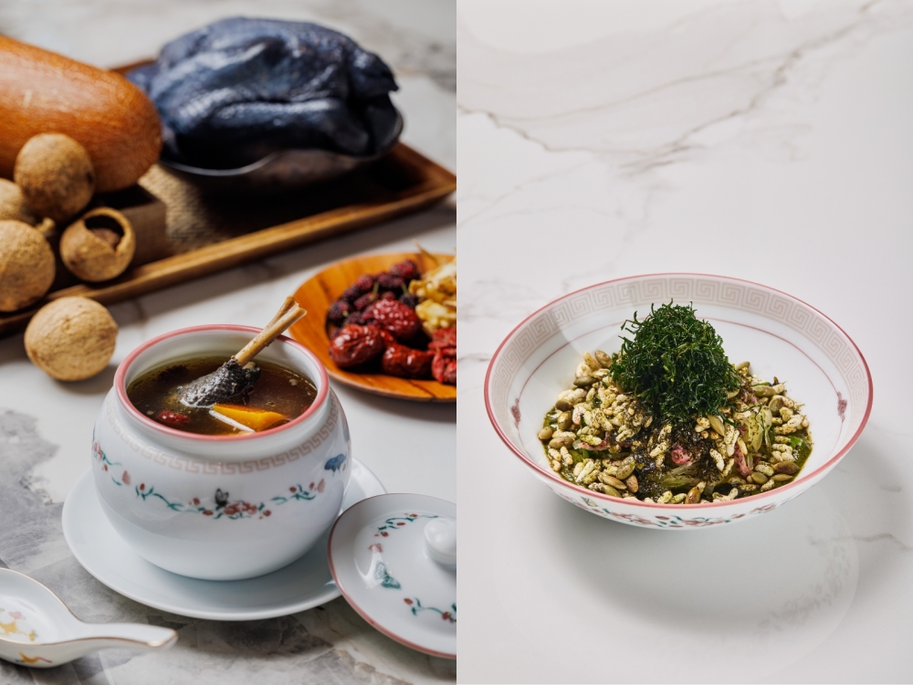 Classic dishes, like coconut and silkie chicken soup, receive an injection of Penang produce with the inclusion of kulim (left), while 'lei cha' is reimagined with 'wosun', also known as celtuce. — Picture courtesy of Root House by gēn