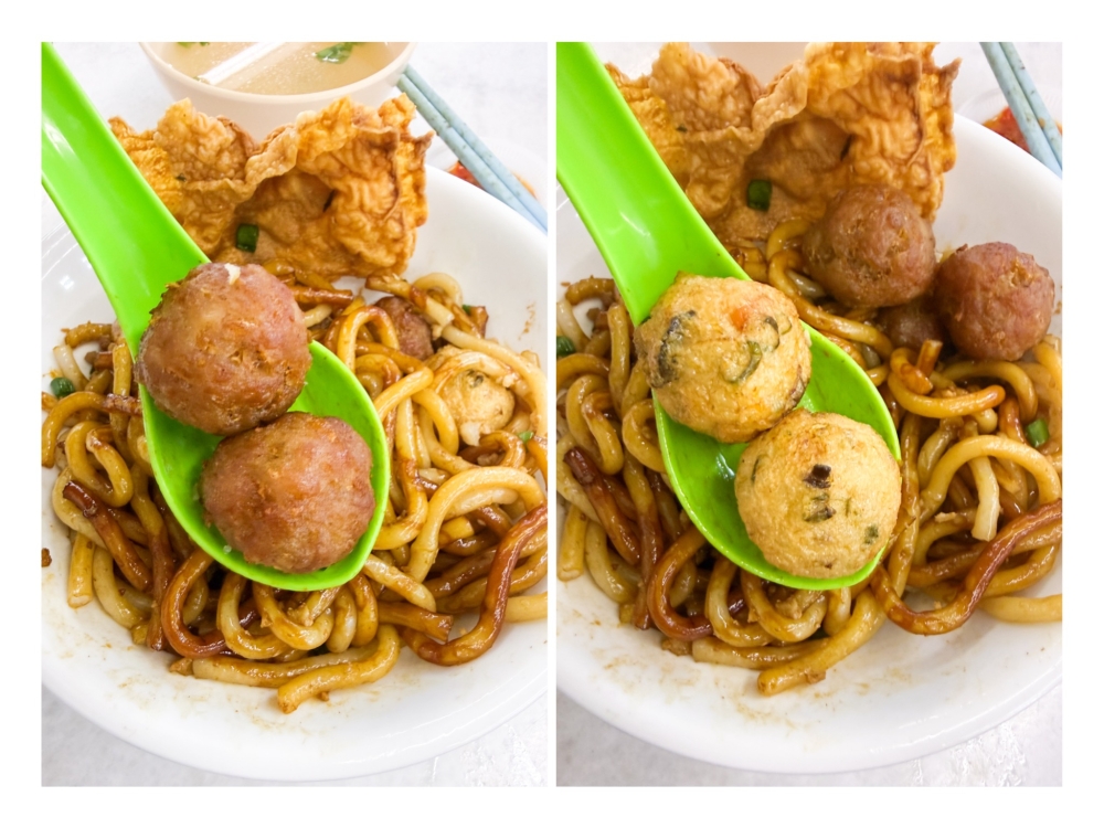 Fried meatballs (left) are juicy under their crispy exterior while fried fishballs (right) have a sweeter taste and are dotted with vegetables and chilli. — Pictures by Lee Khang Yi 