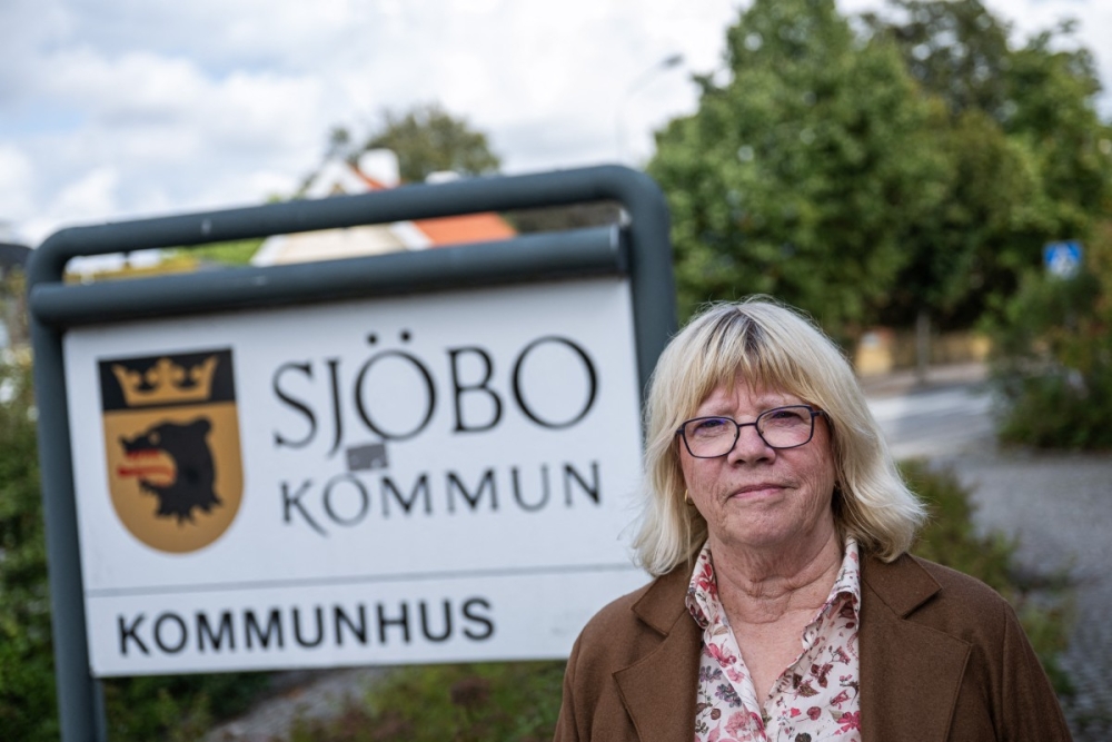 Charlotte Ramel, group leader of the liberals in Sjoebo municipality poses for a photograph outside the municipal offices of Sjoebo Municipality in Sjoebo, southern Sweden, on September 1, 2026. — AFP pic