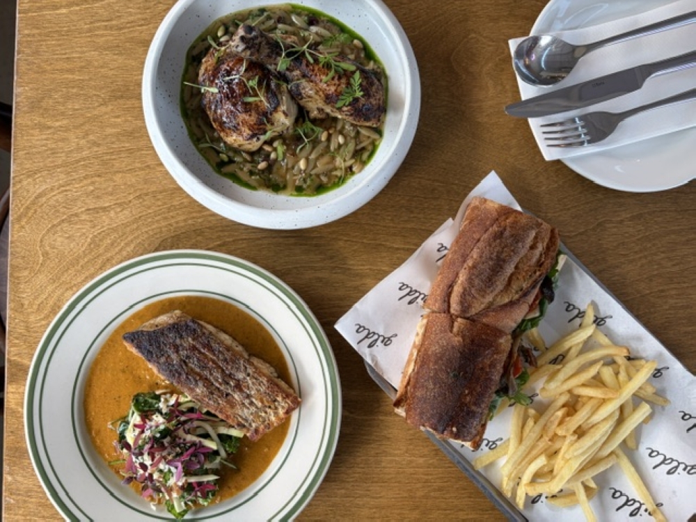 Clockwise from left: Grilled sea bass, grilled chicken and roasted mushroom baguette.
