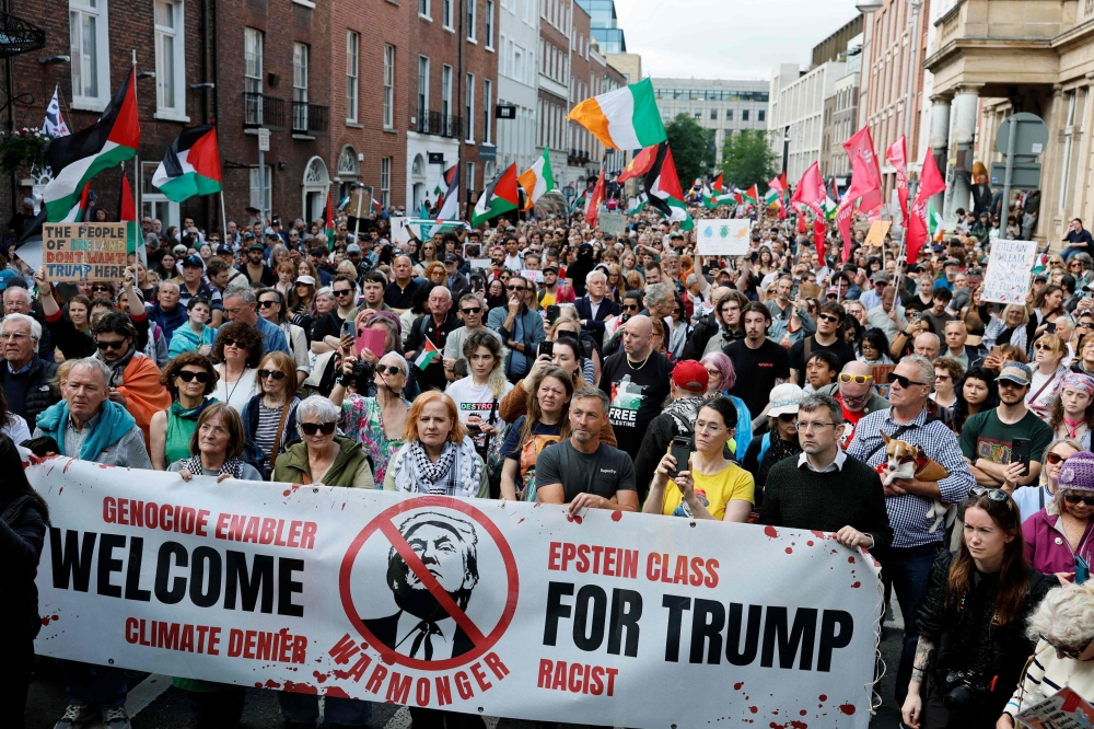 Protesters take to the streets against US President Donald Trump’s two-day visit to the Irish capital on September 12, 2026. — AFP pic