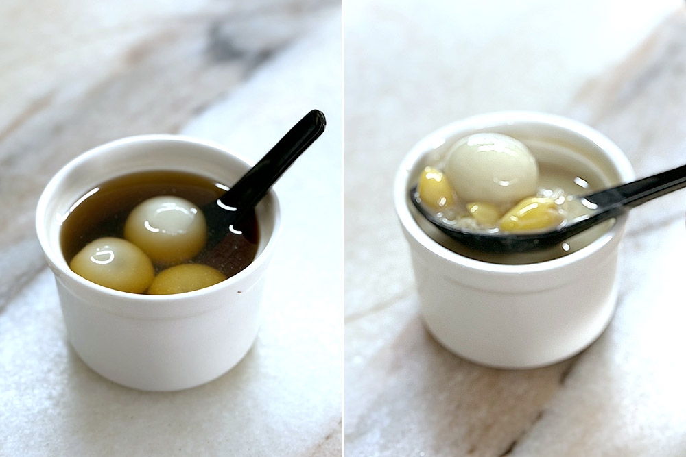 Ginger soup and barley ginkgo soup, with glutinous rice balls. — Picture by CK Lim
