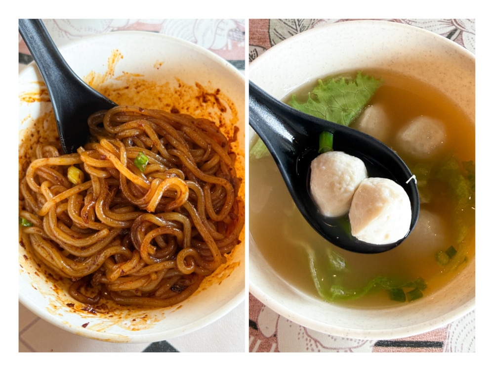 Once tossed with the dark sauce (left) this coats the noodles for a bouncy, savoury bite. Homemade Ikan Parang fish balls are wobbly, soft bites (right) made with wolf herring fish. — Picture by Lee Khang Yi
