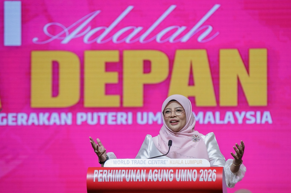 Puteri Umno chief Datuk Nurul Amal Mohd Fauzi delivers her policy speech during the Puteri Umno General Assembly at the World Trade Centre Kuala Lumpur on September 10, 2026. — Picture by Raymond Manuel