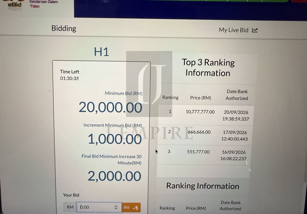 An unconfirmed screenshot shows an online bid for the ‘H1’ vehicle plate for RM10.777 million, possibly a new record for the highest JPJ number plate bid in Malaysia. — Picture from Facebook/J Empire Car Plate
