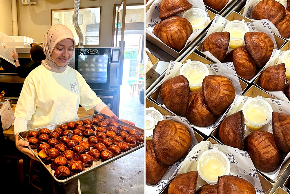 Fresh from the oven (left). A small serving of condensed milk on the side for dipping (right).