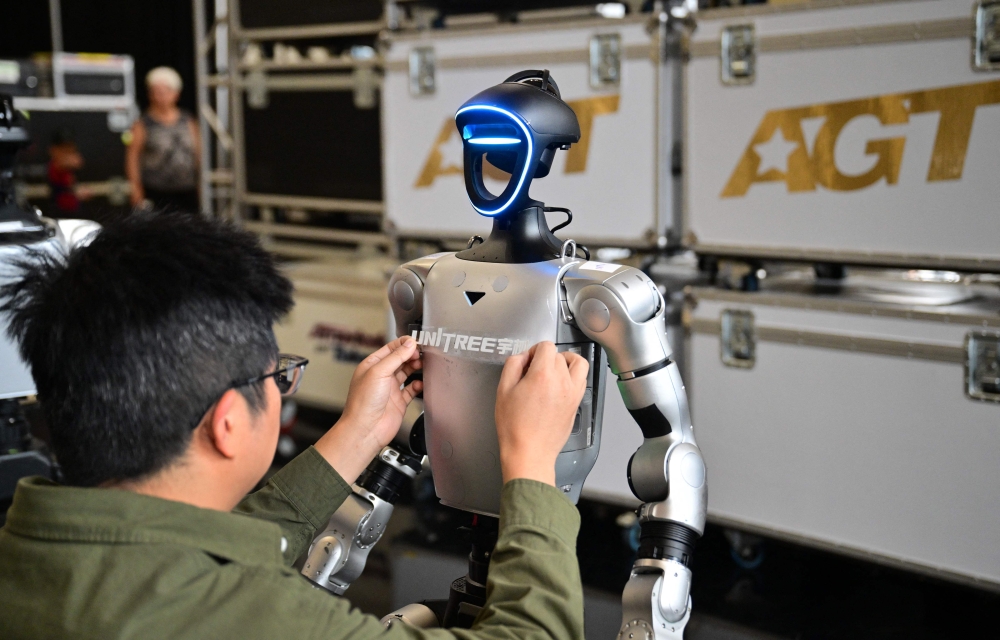 A Unitree Robotics label is placed on a humanoid robot in Pasadena, California, September 17, 2026. — AFP pic
