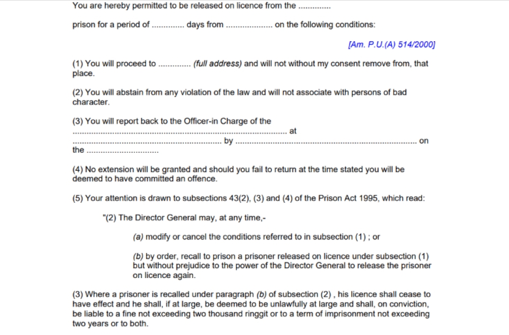 Screenshot of part of a Release on Licence form (Schedule 2 of the Prisons Regulations 2000).