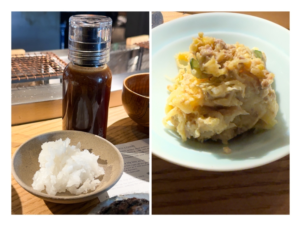 Refreshing radish (left) with their homemade 'ponzu' vinegar, served with your second beef patty. Minced meat potato salad (right) can also be ordered to accompany your meal. 
