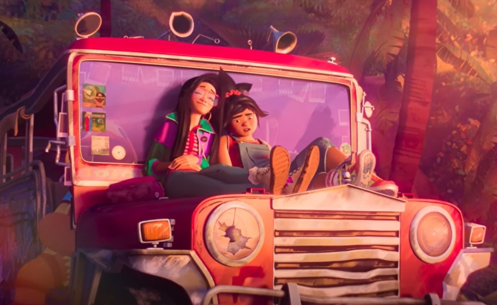Jo (right) and Raissa sit on an iconic Philippine jeepney, a popular mode of transportation featured in ‘Forgotten Island’. — Screengrab via YouTube/Universal Pictures
