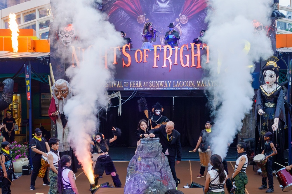 Sunway Theme Parks general manager of business and marketing development Michelle Soong (centre left) and The Sudden Impact! Entertainment Company founder and global creative director as well as Nights of Fright creative director Lynton V. Harris (centre right) launch the 12th edition of Nights of Fright at Sunway Lagoon September 24, 2026. — Picture by Raymond Manuel