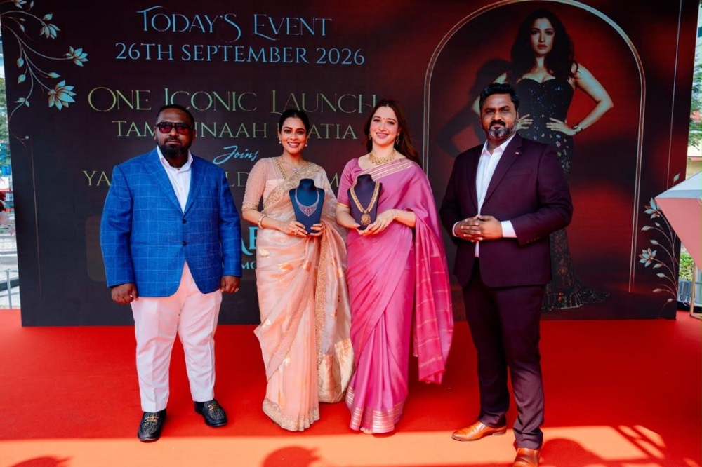Yazhini Gold & Diamonds owner Hemaananthan Thayalam, television host Kiki Vijay, actress Tamannaah Bhatia and manager Karthikeyan pose for a photo at the launch of the Ayra & Abhinaya Diamond Collections in Johor Baru. 